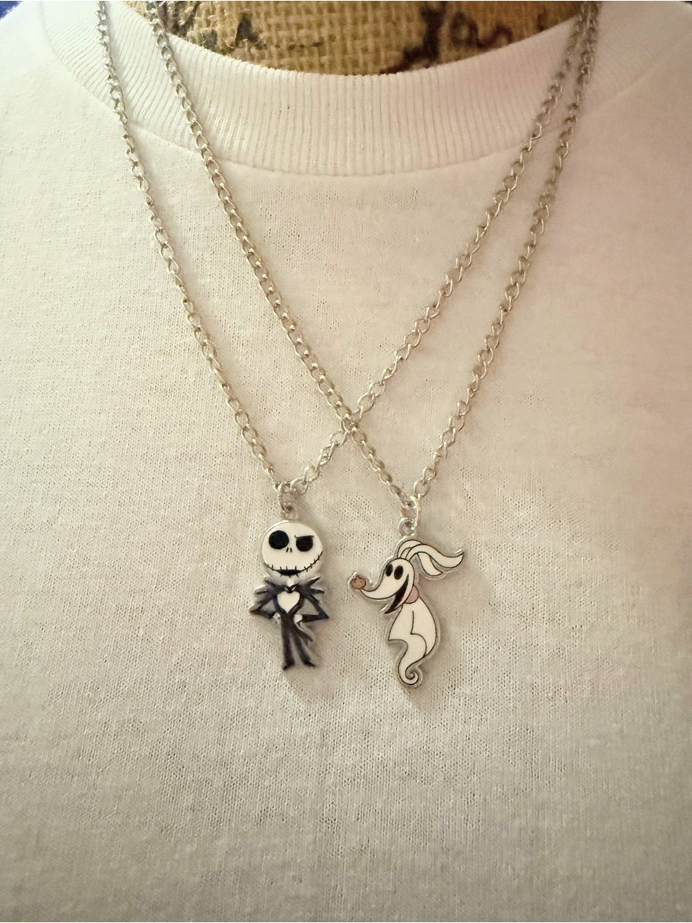 Silver Jack Skellington & Zero Pendant Necklace - White